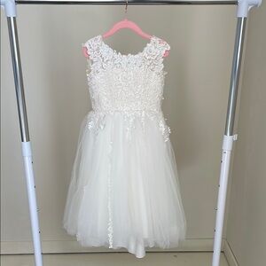 Elegant White Embroidered Breaded Lace and Tulle Kids Dress